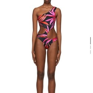 NWT Louisa Ballou One-Shoulder Cutout Swimsuit - Pink and Black